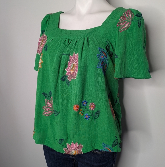 Draper James Green Pink Floral Embroidered Square Neck Short Sleeve Top S - Picture 2 of 8